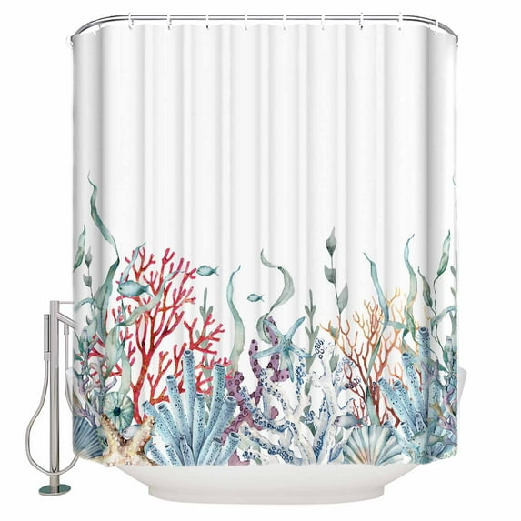 Fabric Shower Curtain, Summer Coral Seagrass Shell Conch Starfish Sea Life Shower Curtains with 12 Hooks Waterproof Machine Washable Bath Curtains for Bathroom,36 x 78in