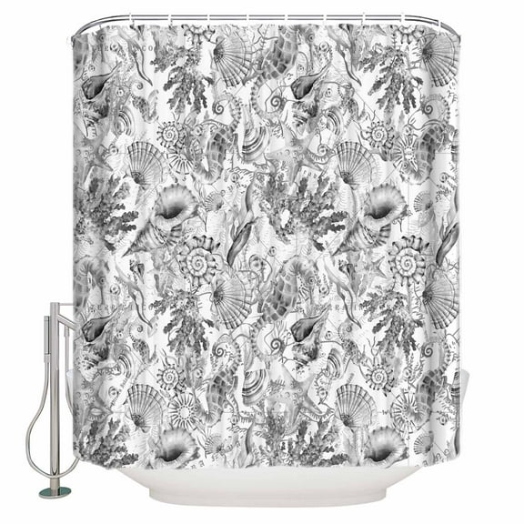 Fabric Shower Curtain, Summer Grey Ocean Seahorse Seashell Starfish Coral Shower Curtains with 12 Hooks Waterproof Machine Washable Bath Curtains for Bathroom, 48x 72in