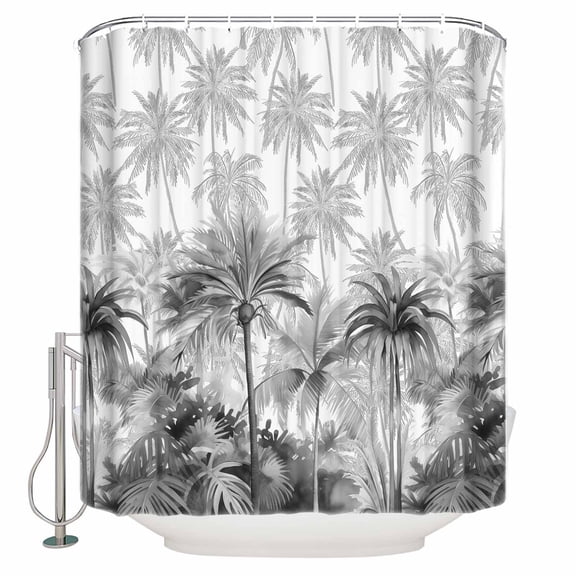 Fabric Shower Curtain, Summer Grey Palm Tropical Plants Hand Painting Shower Curtains with 12 Hooks Waterproof Machine Washable Bath Curtains for Bathroom, 54 x 78in