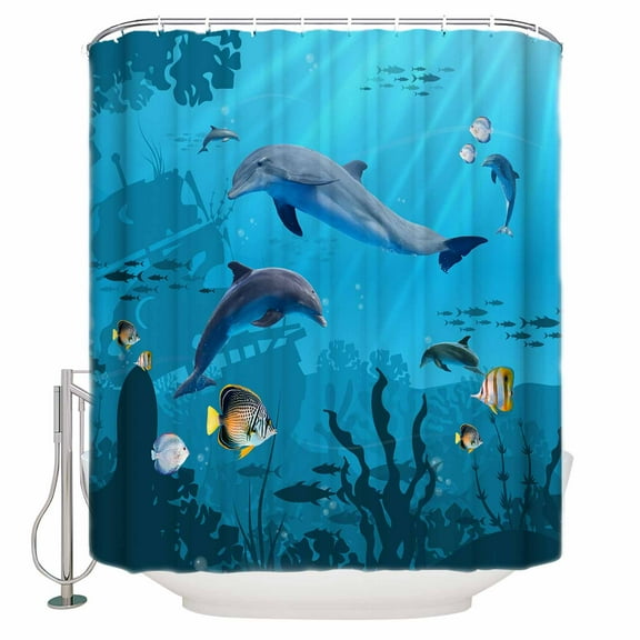 Fabric Shower Curtain, Summer Ocean Creature Dolphin and Fishes Bathroom Curtain with 12 Hooks Waterproof No Bad Odor Machine Washable Bath Curtains for Bathroom, Spa Room, Background Cloth, 60"x72"