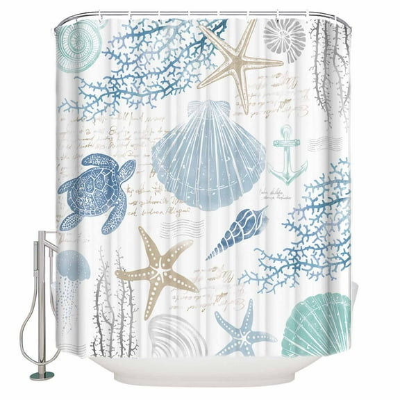 Fabric Shower Curtain, Summer Ocean Navy Blue Coral Starfish Seashells Turtle Seaweed Shower Curtains with 12 Hooks Waterproof Machine Washable Bath Curtains for Bathroom, 48x 72in
