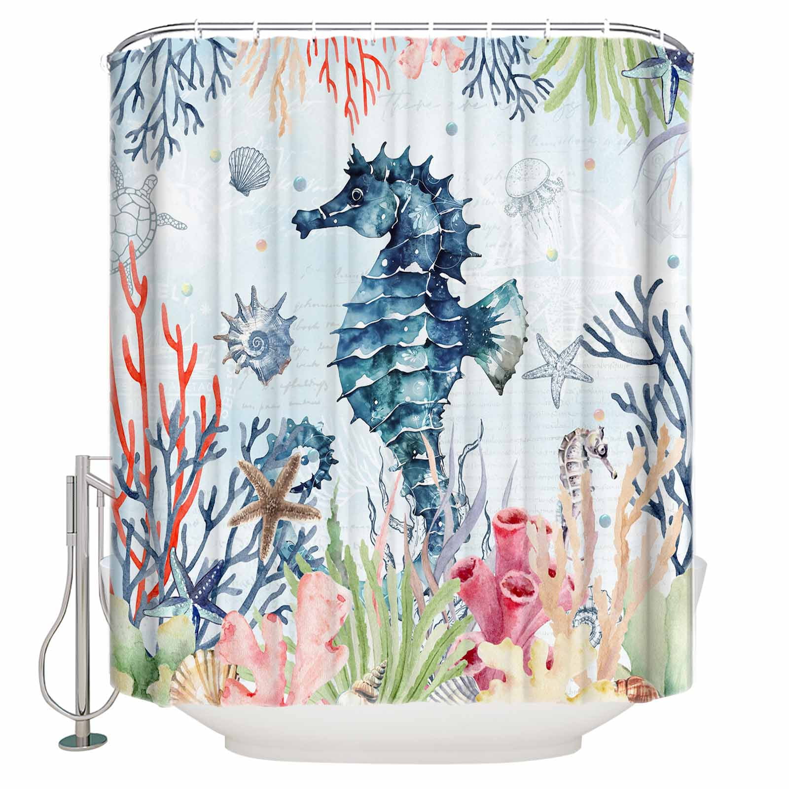Fabric Shower Curtain, Summer Ocean Seahorse Seashell Starfish Coral