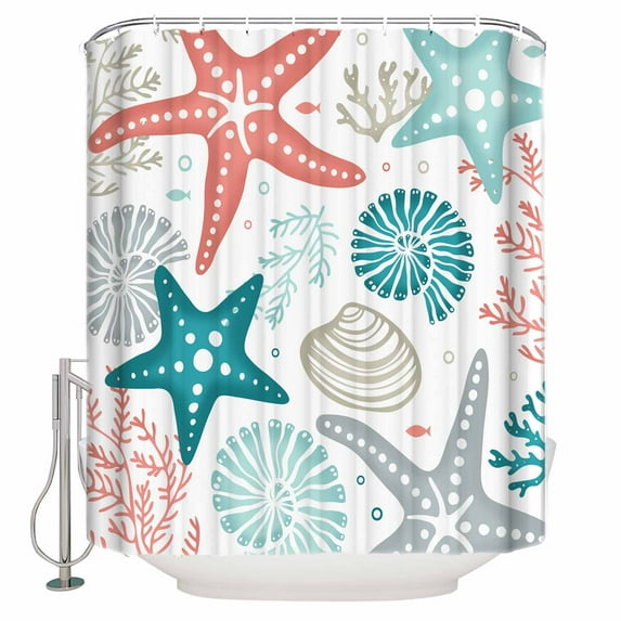Fabric Shower Curtain, Summer Ocean Teal and Red Grey Coral Starfish Seashells Bathroom Curtain with 12 Hooks Waterproof No Bad Odor Machine Washable Bath Curtains for Bathroom, Spa Room, 36"x72"