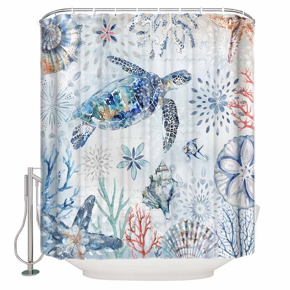 Fabric Shower Curtain, Summer Ocean Turtle Seashell Starfish Coral Blue Shower Curtains with 12 Hooks Waterproof Machine Washable Bath Curtains for Bathroom, 48x 72in