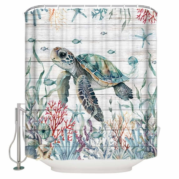 Fabric Shower Curtain, Summer Sea Turtle Ocean Coral Seaweed Shell Starfish Wood Grain Shower Curtains with 12 Hooks Waterproof Machine Washable Bath Curtains for Bathroom,54 x 78in