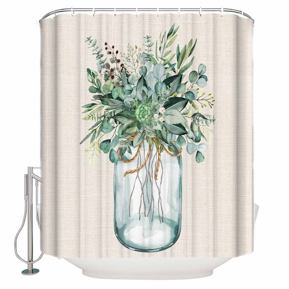 Fabric Shower Curtain, Summer Vintage Green Flowers with Leaves Beige Shower Curtains with 12 Hooks Waterproof Machine Washable Bath Curtains for Bathroom,72 x 96in