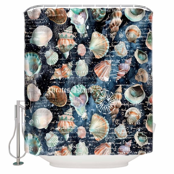 Fabric Shower Curtain, Summer Watercolor Ocean Seashell Blue Texture Shower Curtains with 12 Hooks Waterproof Machine Washable Bath Curtains for Bathroom,48x 72in