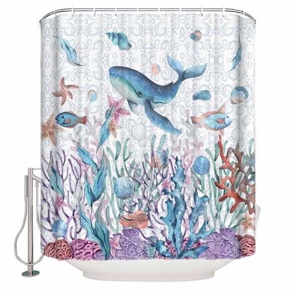 Fabric Shower Curtain, Summer Whale Fish Coral Starfish Colorful Ocean Bathroom Curtain with 12 Hooks Waterproof No Bad Odor Machine Washable Bath Curtains for Bathroom, Spa Room, 36"x72"