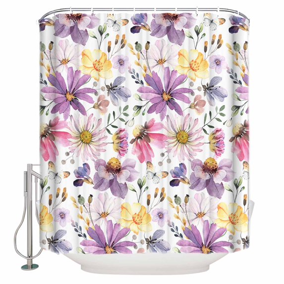 Fabric Shower Curtain, Summer Wildflowers Leaves Purple Floral Plants Watercolor Shower Curtains with 12 Hooks Waterproof Machine Washable Bath Curtains for Bathroom, 48x 72in