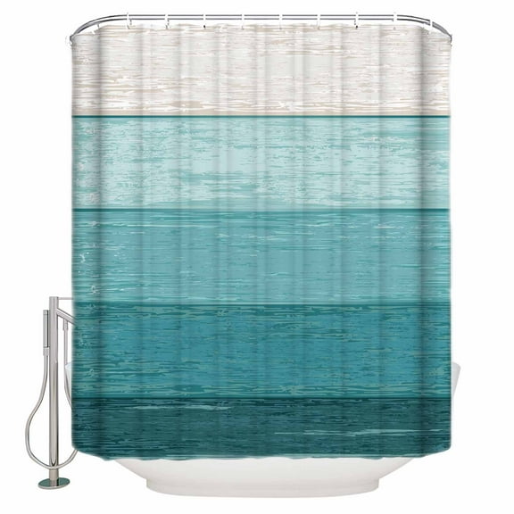 Fabric Shower Curtain, Teal Blue Striped Gradient Rustic Wood Board Shower Curtains with 12 Hooks Waterproof Machine Washable Bath Curtains for Bathroom, 54 x 78in