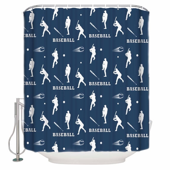 Fabric Shower Curtain, The Shadow of Playing Baseball Blue and White