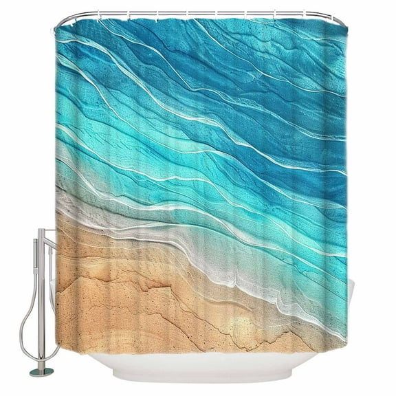 Fabric Shower Curtain, Turquoise Gradient Seaside Ocean Wave Ombre Shower Curtains with 12 Hooks Waterproof Machine Washable Bath Curtains for Bathroom, 54 x 78in