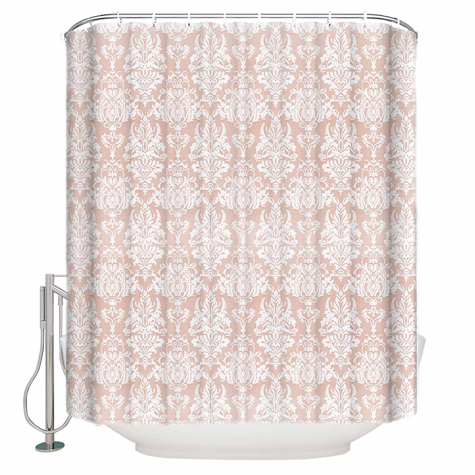 Fabric Shower Curtain, Vintage Floral Peach Floral Pattern Middle Eastern Style Shower Curtains with 12 Hooks Waterproof Machine Washable Bath Curtains for Bathroom, 54 x 78in