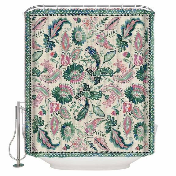Fabric Shower Curtain, Vintage Green Paisley Flowers Geometric Floral Watercolor Shower Curtains with 12 Hooks Waterproof Machine Washable Bath Curtains for Bathroom, 54 x 78in