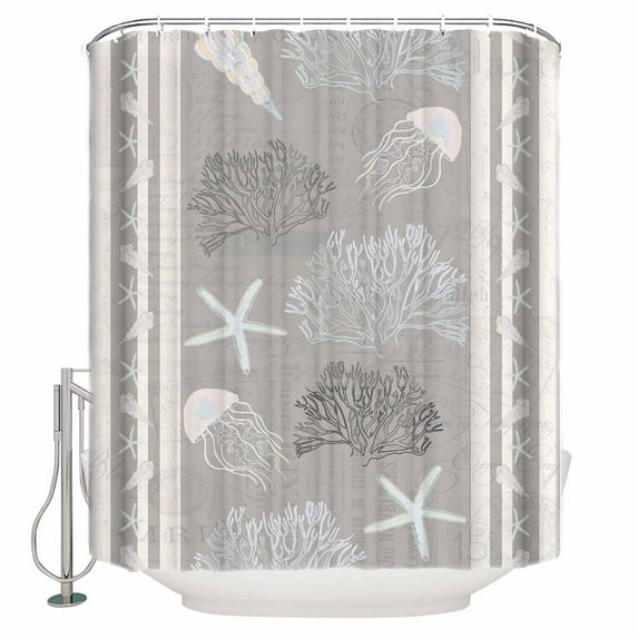 Fabric Shower Curtain, Vintage Grey Ocean Starfish Jellyfish Coral Striped Bathroom Curtain with 12 Hooks Waterproof No Bad Odor Machine Washable Bath Curtains for Bathroom, Spa Room, 60"x72"
