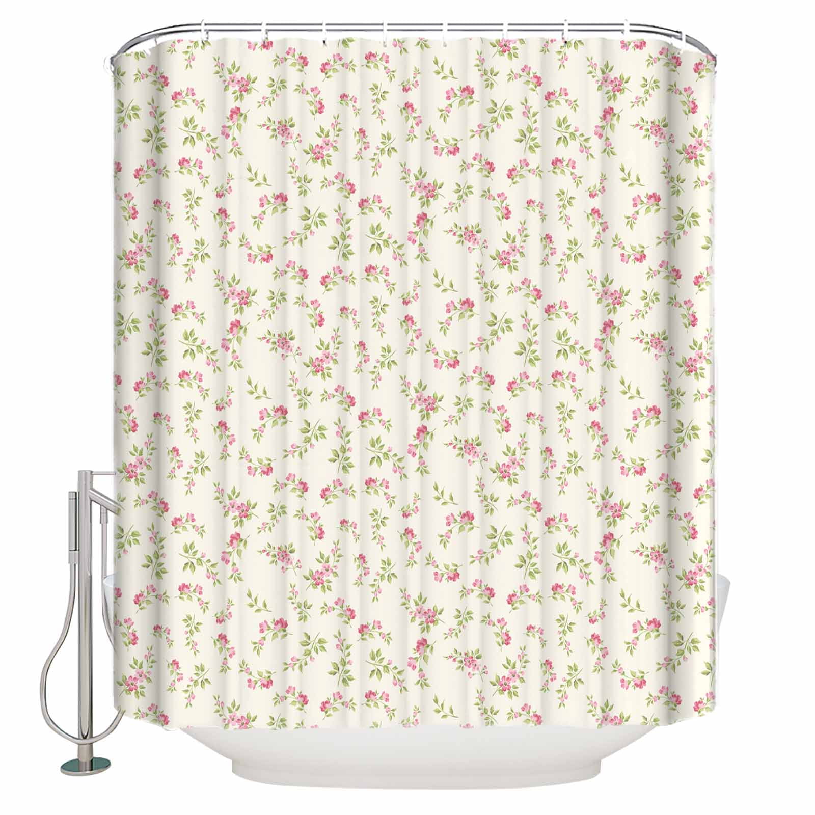 Fabric Shower Curtain Vintage Rustic Floral Light Pink Roses Leaves Beige Shower Curtains with 12 Hooks Waterproof Machine Washable Bath Curtains for Bathroom, 72 x 72in
