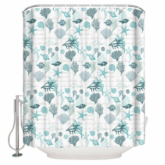 Fabric Shower Curtain, Vintage Teal Blue Ocean Starfish Shell Coral Bathroom Curtain with 12 Hooks Waterproof No Bad Odor Machine Washable Bath Curtains for Bathroom, Spa Room, 66"x72"