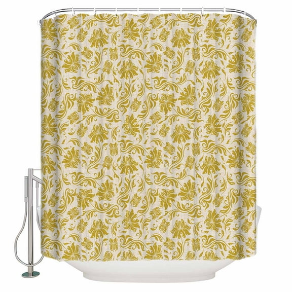 Fabric Shower Curtain, Vintage Yellow Floral Plants Pattern Shower Curtains with 12 Hooks Waterproof Machine Washable Bath Curtains for Bathroom, 48x 72in