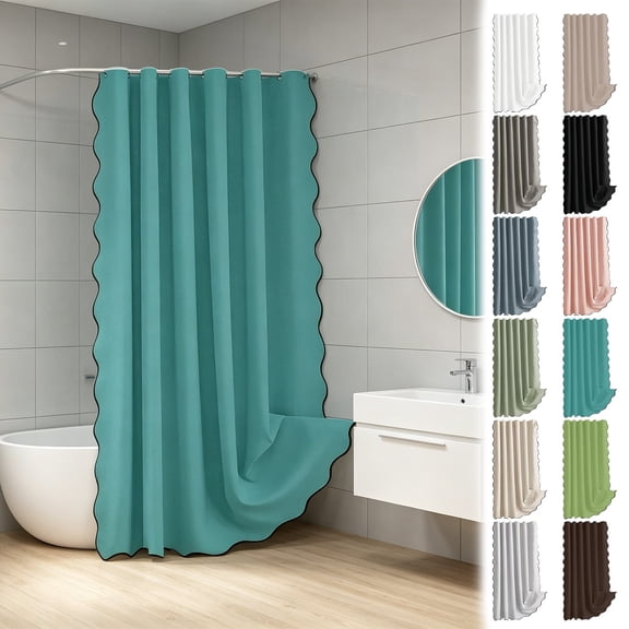 Fabric Shower Curtain,Water Resistant Wavy Edge Polyester Drape With Reinforced Grommets,Full Size Waterproof Curtain For Home Hotel Bathroom Wet Area Partition(Green)
