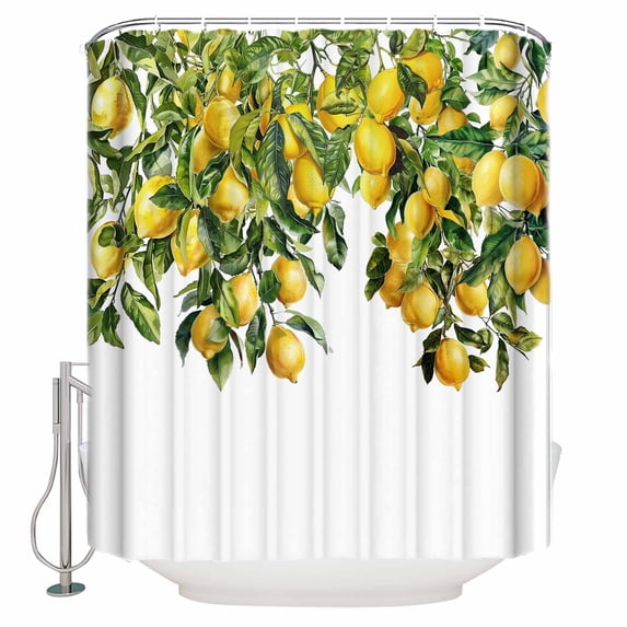 Fabric Shower Curtain, Watercolor Hand Drawn Summer Lemon White Bathroom Curtain with 12 Hooks Waterproof No Bad Odor Machine Washable Bath Curtains for Bathroom, Spa Room, Background Cloth, 66"x72"