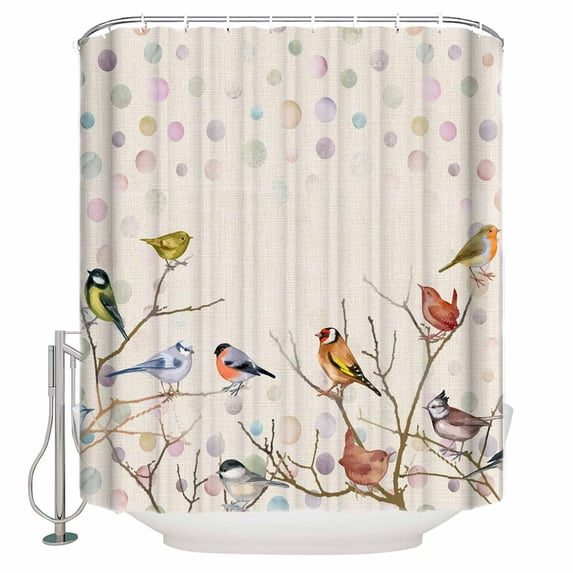 Fabric Shower Curtain, Watercolor Red Green Birds in Branches Bathroom Curtain with 12 Hooks Waterproof No Bad Odor Machine Washable Bath Curtains for Bathroom, Spa Room, 60"x72"