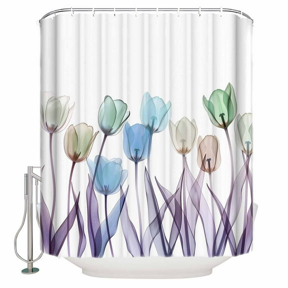 Fabric Shower Curtain, Watercolor Tulip Flower Pattern Shower Curtains with 12 Hooks Waterproof Machine Washable Bath Curtains for Bathroom, 48x 72in
