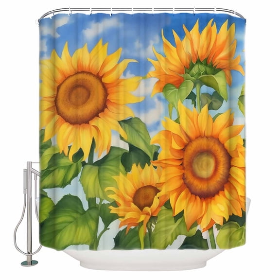 Fabric Shower Curtain, Yellow Watercolor Sunflower Retro Bathroom Curtain with 12 Hooks Waterproof No Bad Odor Machine Washable Bath Curtains for Bathroom, Spa Room, Background Cloth, 36"x72"