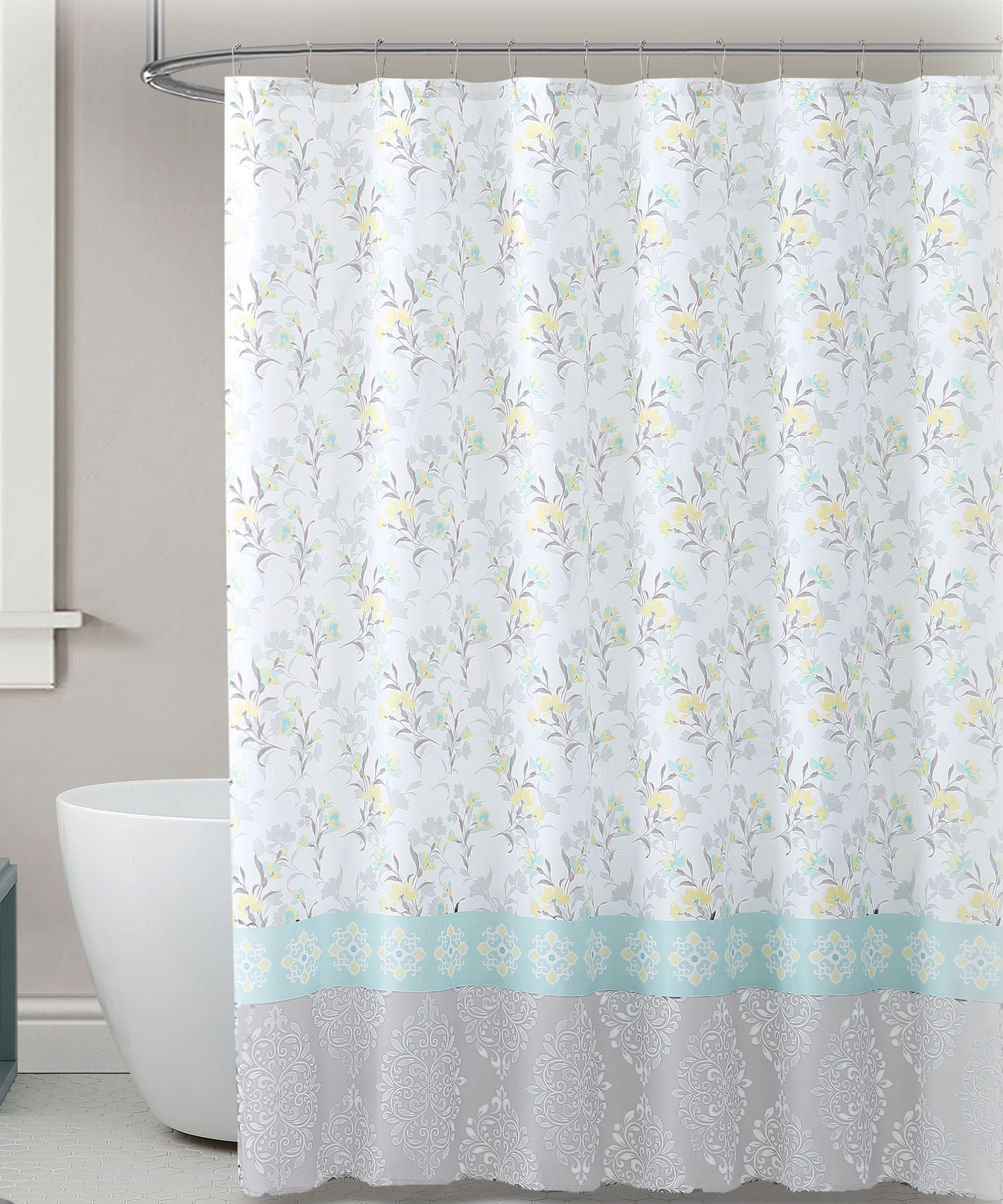 Fabric Shower Curtain for Bathroom Gray Yellow and Light Blue