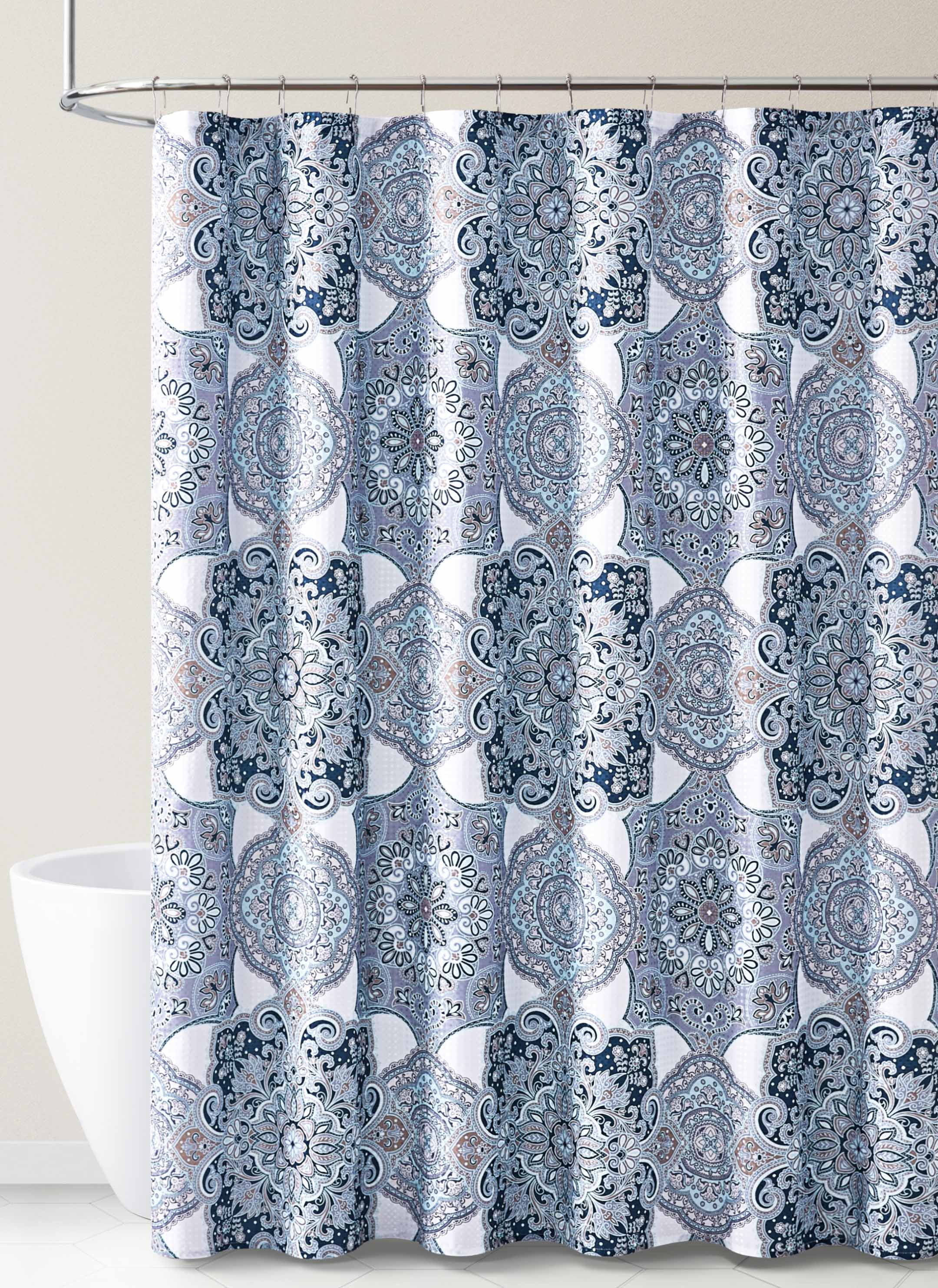Fabric Shower Curtain for Bathroom Navy Blue White Taupe with Medallion