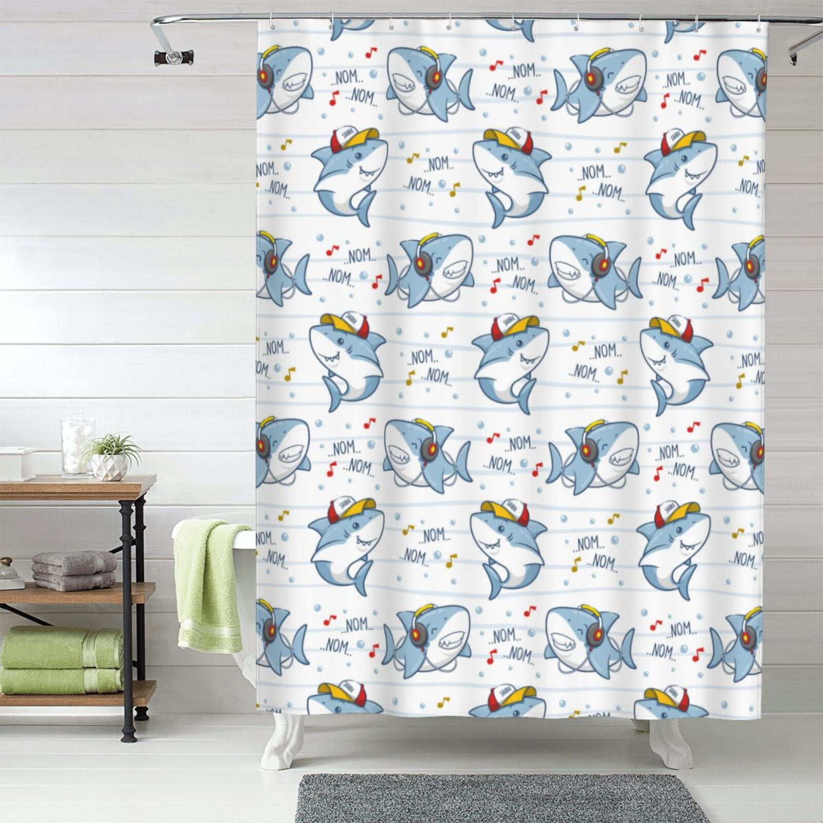 Fabric Shower Curtains for Bathroom, Funny Cartoon Shark Happy Shower