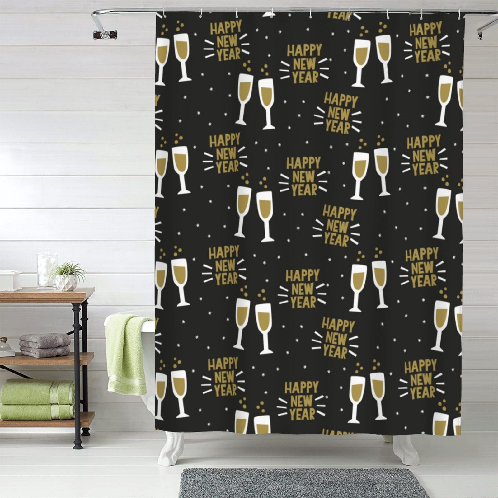 Fabric Shower Curtains for Bathroom Happy New Year 60x72In Opaque