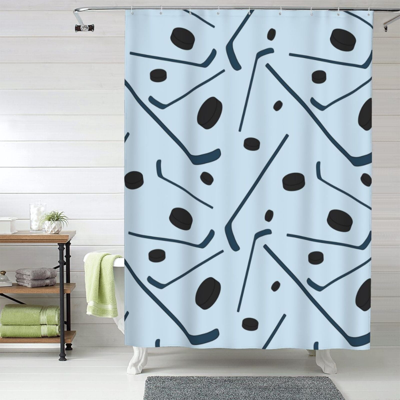 Fabric Shower Curtains for Bathroom, hockey sticks pucks blue print