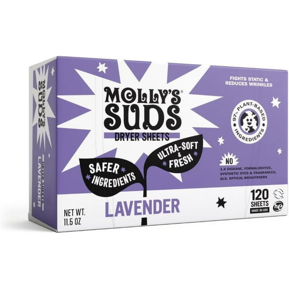 Fabric Softener Dryer Sheets for Sensitive Skin | Plant-Based Static Reducer, Plastic-Free Packaging Lavender (120 Sheets)