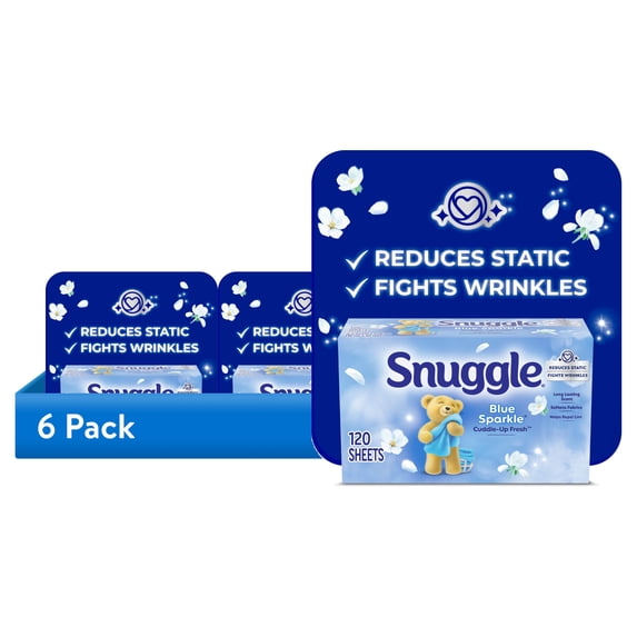 (6 pack) Snuggle Fabric Softener Dryer Sheets, Blue Sparkle, 120 Count