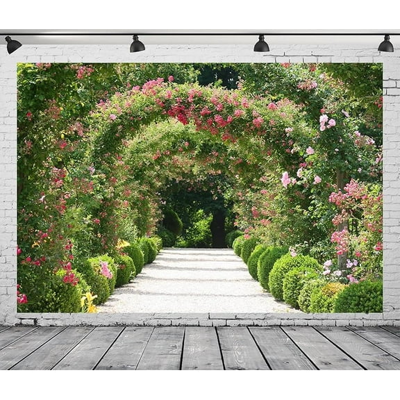Fabric Spring Roses Garden Backdrop Photography Flower Arch Garden Path Background Spring Floral Garden Scenery Decorations Wedding Photoshoot Booth Studio Props