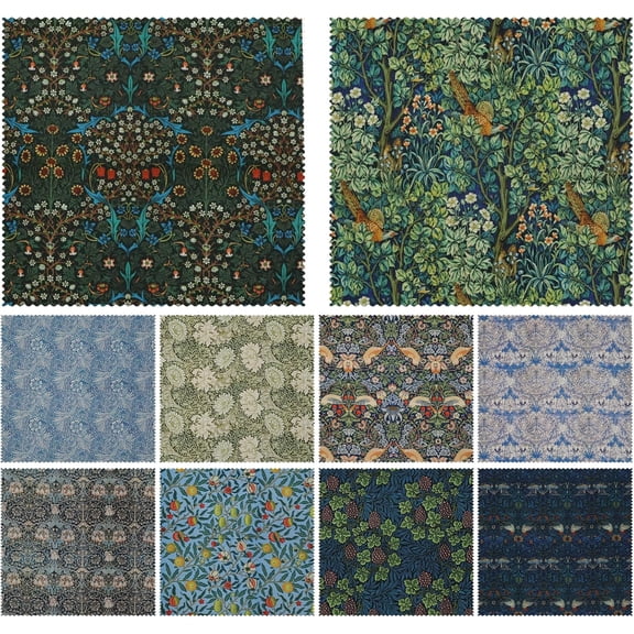Fabric Squares 10 pcs 20" x 20" Precut 100% Cotton Fabric Bundles - William Morris Floral & Woodland Animal Prints Patchwork Set, Pinked Edges for DIY Quilting Scraps and Sewing Crafts