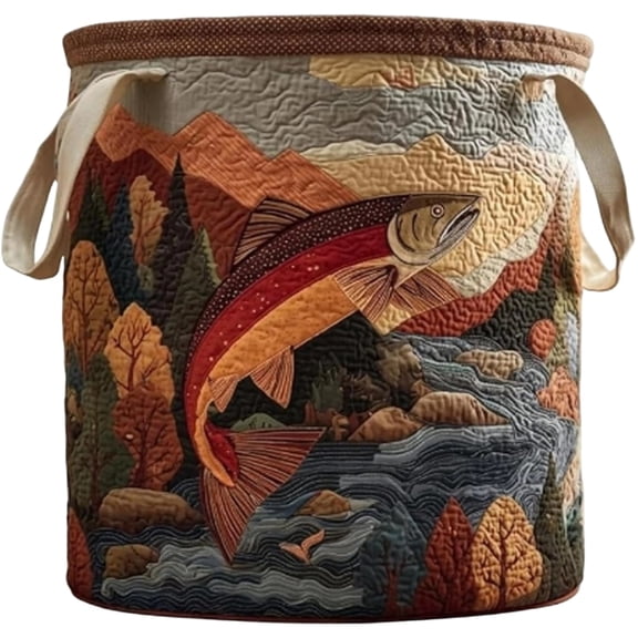 Fabric Storage Basket 3D Quilted Mountain Stream Fish Pattern Decorative Laundry Hamper with Reinforced Handles for Home Organization, 14x18 Inch