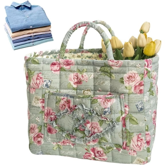 Fabric Storage Basket, Boho Fabric Storage Basket Foldable, Floral Quilted Baskets for Laundry Large with Handles Front Pocket, for Clothes Toys Sundries