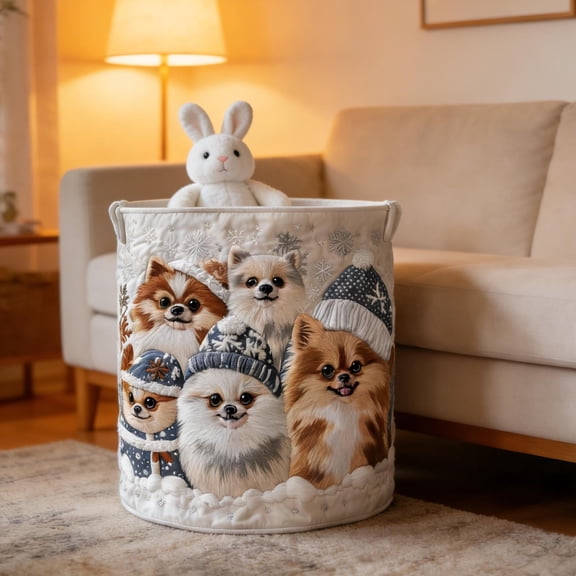 Fabric Storage Basket Cute Dog Print Quilted Laundry Hamper with Handles Multipurpose Organizer Bin for Home Bedroom Bathroom