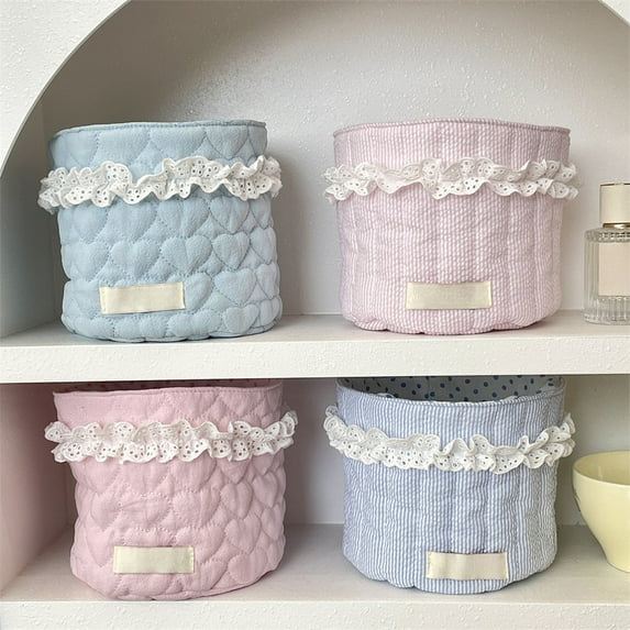 Fabric Storage Basket Organizer | Cotton Canvas Cylindrical Bin, Pink or Blue, 5.5 x 5.9 in | Foldable, Lace Design, Desk & Bathroom Multi-Purpose Storage for Snacks, Cosmetics, Stationery