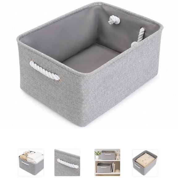 Fabric Storage Basket, Rectangular Organizer Bin with Rope Handles, Soft Lined Storage Box for Bathroom, Bedroom, Nursery, Living Room and Shelf