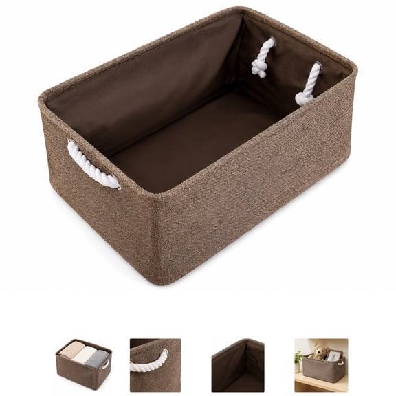Fabric Storage Basket, Rectangular Organizer Bin with Rope Handles, Soft Lined Storage Box for Bathroom, Bedroom, Nursery, Living Room and Shelf