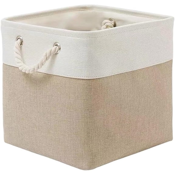 Fabric Storage Basket, Square Closet Organizer Thickened Canvas Linen EVA Cube Box Container with Rope Handles for Home Decor, Camel, 12.2 Inches