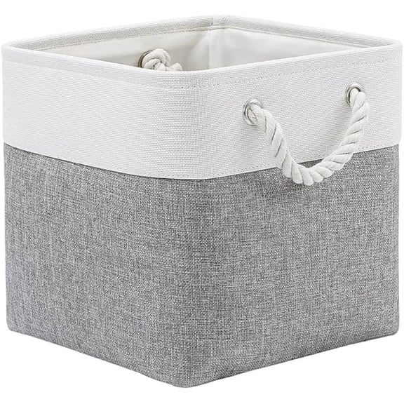 Fabric Storage Basket, Square Closet Organizer Thickened Canvas Linen EVA Cube Box Container with Rope Handles for Home Decor, Grey, 12.2 Inches