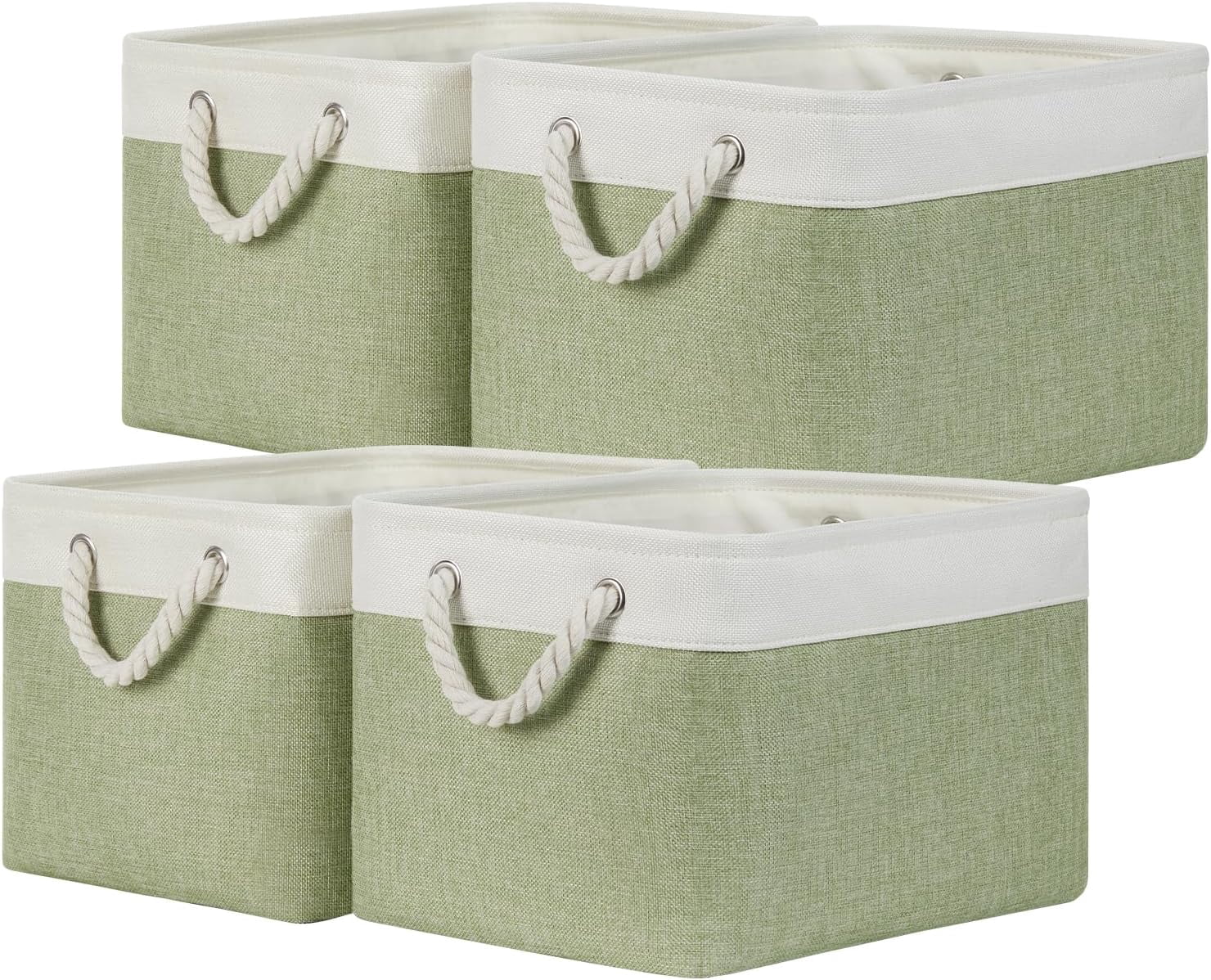 Fabric Storage Baskets 4Pack Storage Bins Decorative Basket for Gift, Clothes Bin with Handles, Rectangle Baskets for Storage, Blankets(White&Green,15x11x9.5 inch)