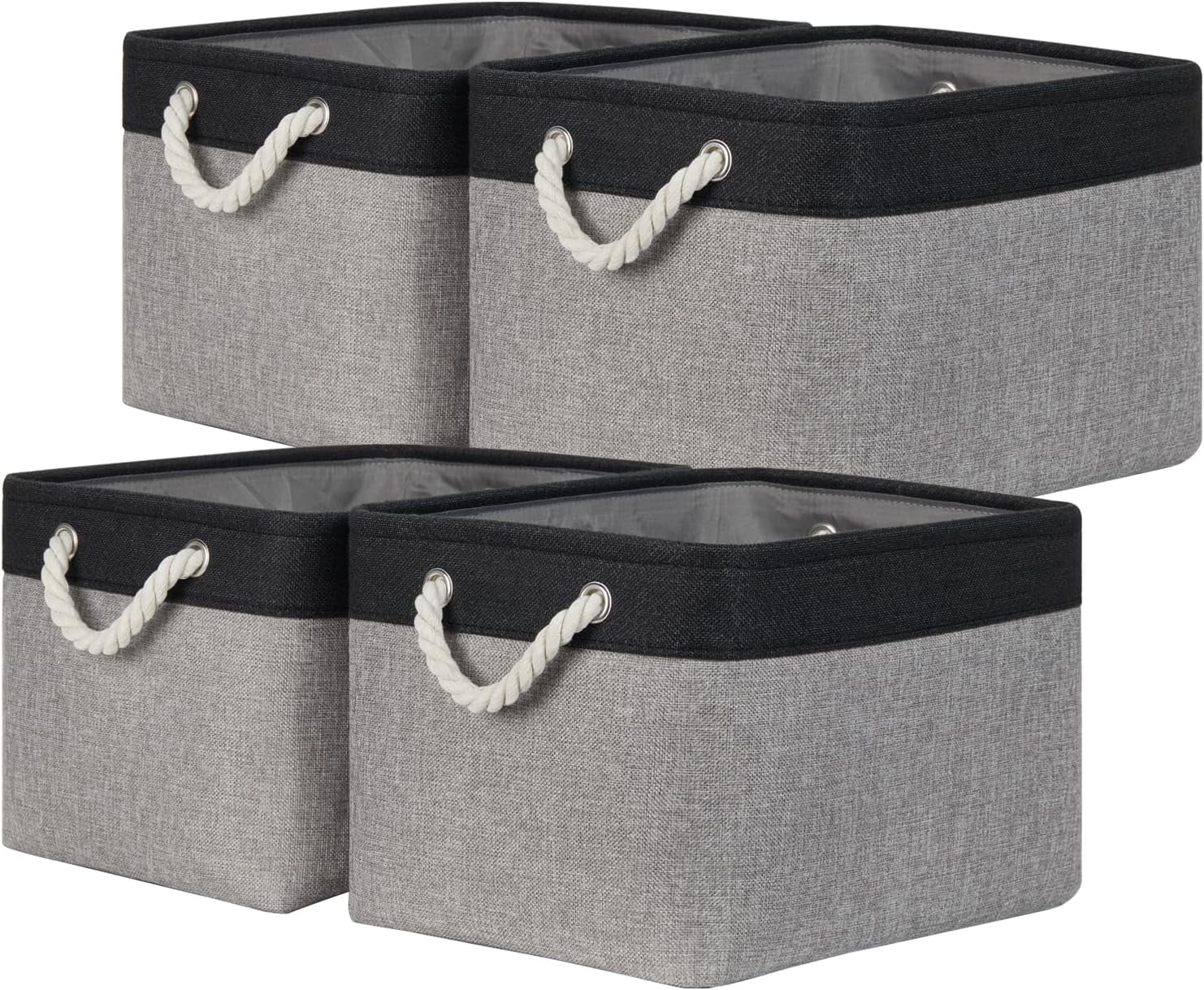 Fabric Storage Baskets 4Pack Storage Bins Decorative Basket for Gift, Clothes Bin with Rope Handle, Rectangle Baskets for Storage, Blankets(Black&Gray,15x11x9.5 inch)