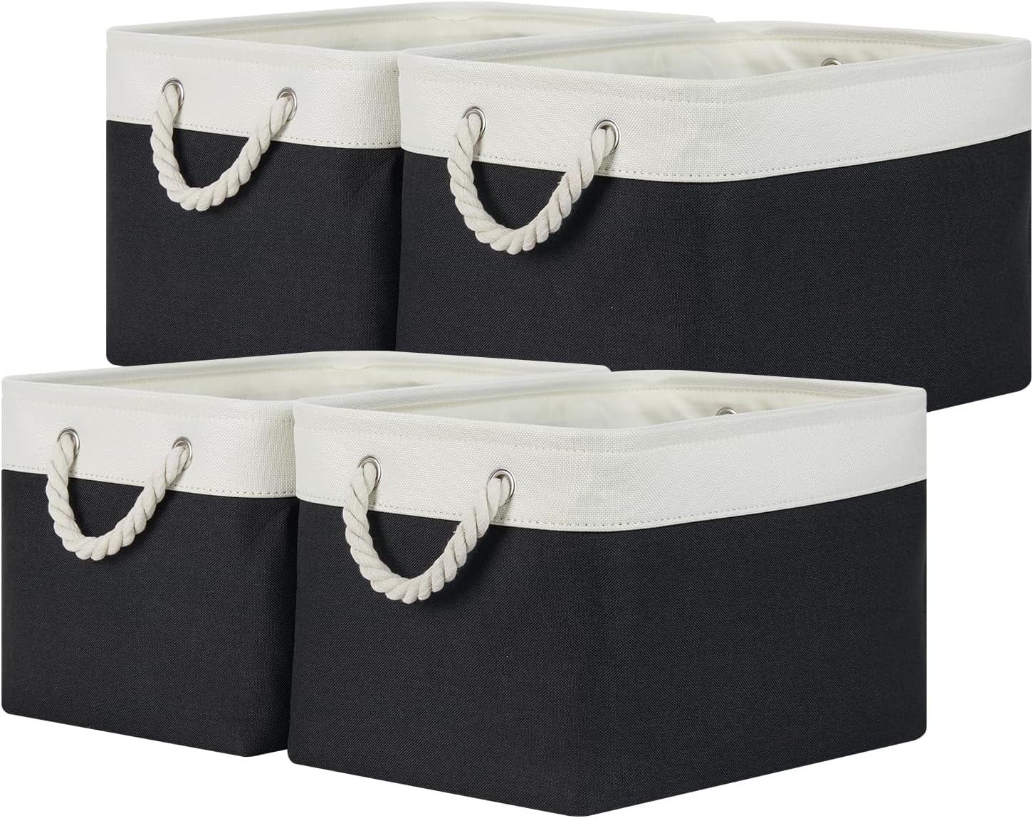 Fabric Storage Baskets 4Pack Storage Bins Decorative Basket for Gift, Clothes Bin with Rope Handle, Rectangle Baskets for Storage, Blankets(White&Black,15x11x9.5 inch)