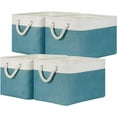 thumbnail image 1 of Fabric Storage Baskets 4Pack Storage Bins Decorative Basket for Gift, Clothes Bin with Rope Handle, Rectangle Baskets for Storage, Blankets(White&Teal,15x11x9.5 inch), 1 of 13