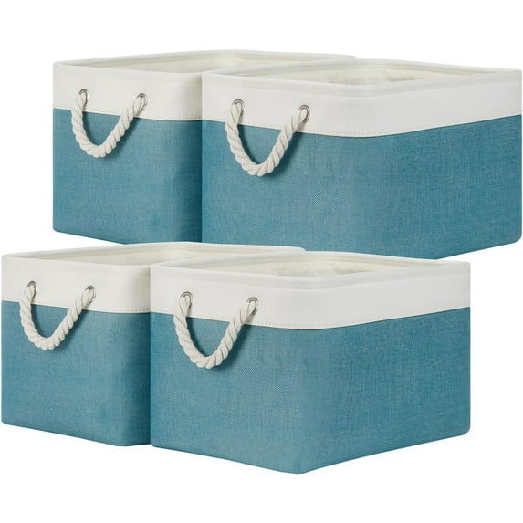 Fabric Storage Baskets 4Pack Storage Bins Decorative Basket for Gift, Clothes Bin with Rope Handle, Rectangle Baskets for Storage, Blankets(White&Teal,15x11x9.5 inch)