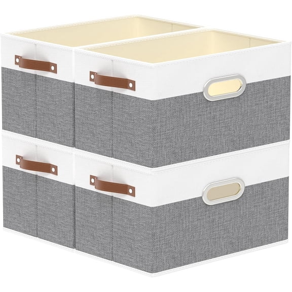 Fabric Storage Baskets, Foldable Closet Organizer for Shelves, Large Boxes with 3 Handles, Canvas Bins for Clothes, White/Grey, 12.99''Lx9.05''Wx7.87''H, 4-Pack